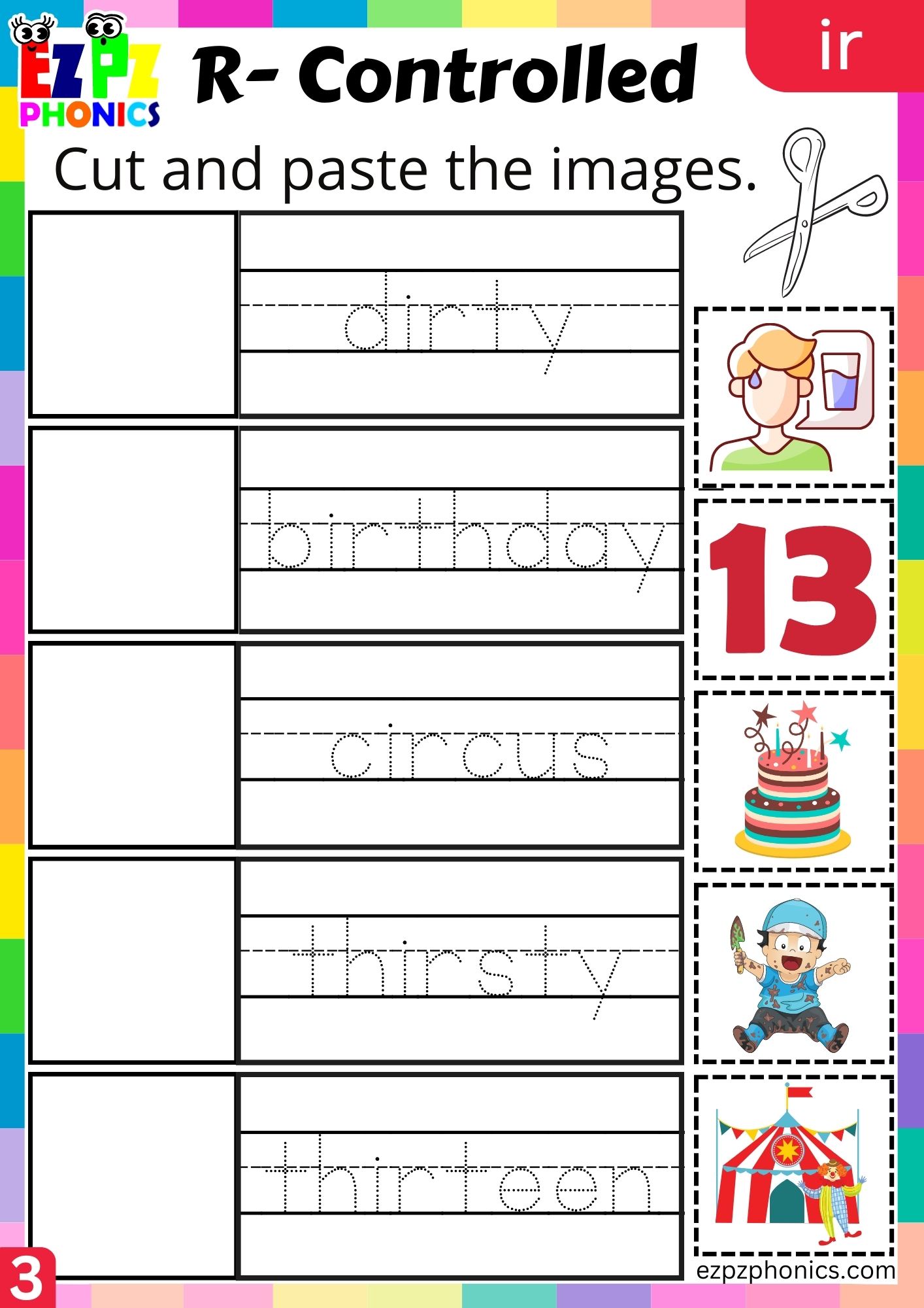 Cut and paste the images activity for two syllable ir words R Controlled Vowels Phonics group 3